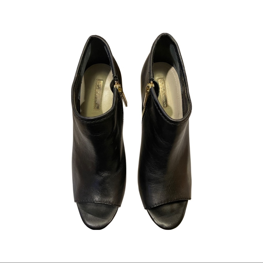 BCBGeneration Open Toe Wedge Heels, Black with gold accent zipper.